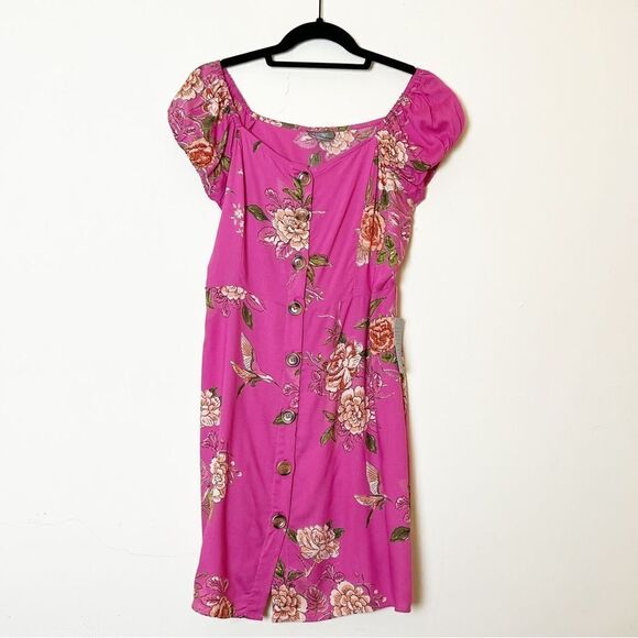 Angie Pink Floral Fit & Flare Button Down Summer Mini Dress, Size Medium - Picture 1 of 10